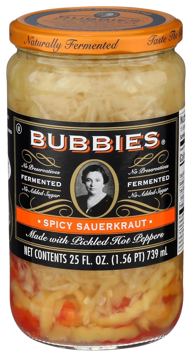 Bubbies Spicy Sauerkraut 25 oz Jar - Fermented Probiotic Cabbage with Bold Heat