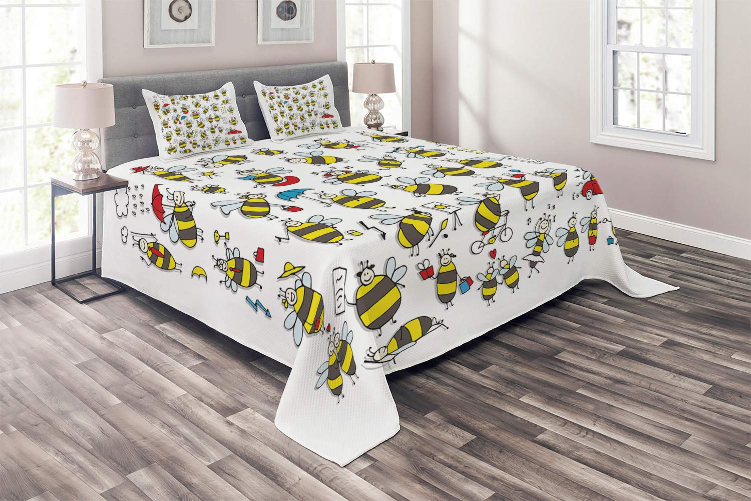 Lunarable Yellow Striped Coverlet, Numerous Cartoon Busy Bee Bug Insect Characters Childish Style Ar
