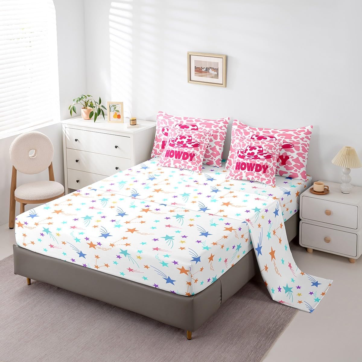 Feelyou Cow Print Comforter Set with Sheets Queen Size 7 Piece Kids Pink White Bedding Set for Boys Teens Pink Cowgirl Bed in a Bag Western Hat Printed Bed Set