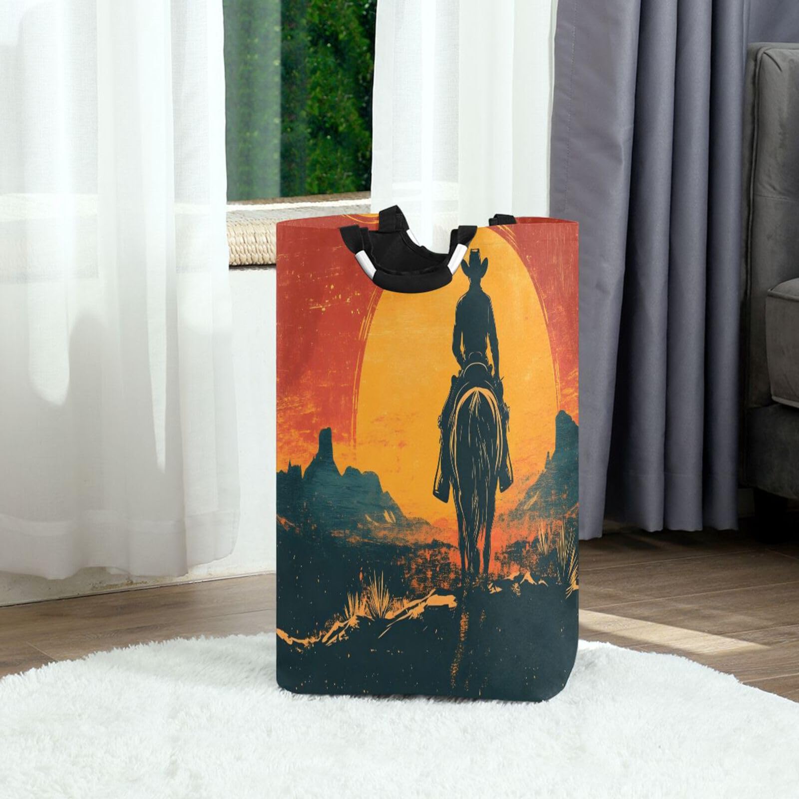 Jihqo Laundry Hamper Basket Western Cowboys under Sunset Collapsible Nursery Storage Bin Waterproof Clothing Baskets for Home Bedroom Bathroom Washing Room