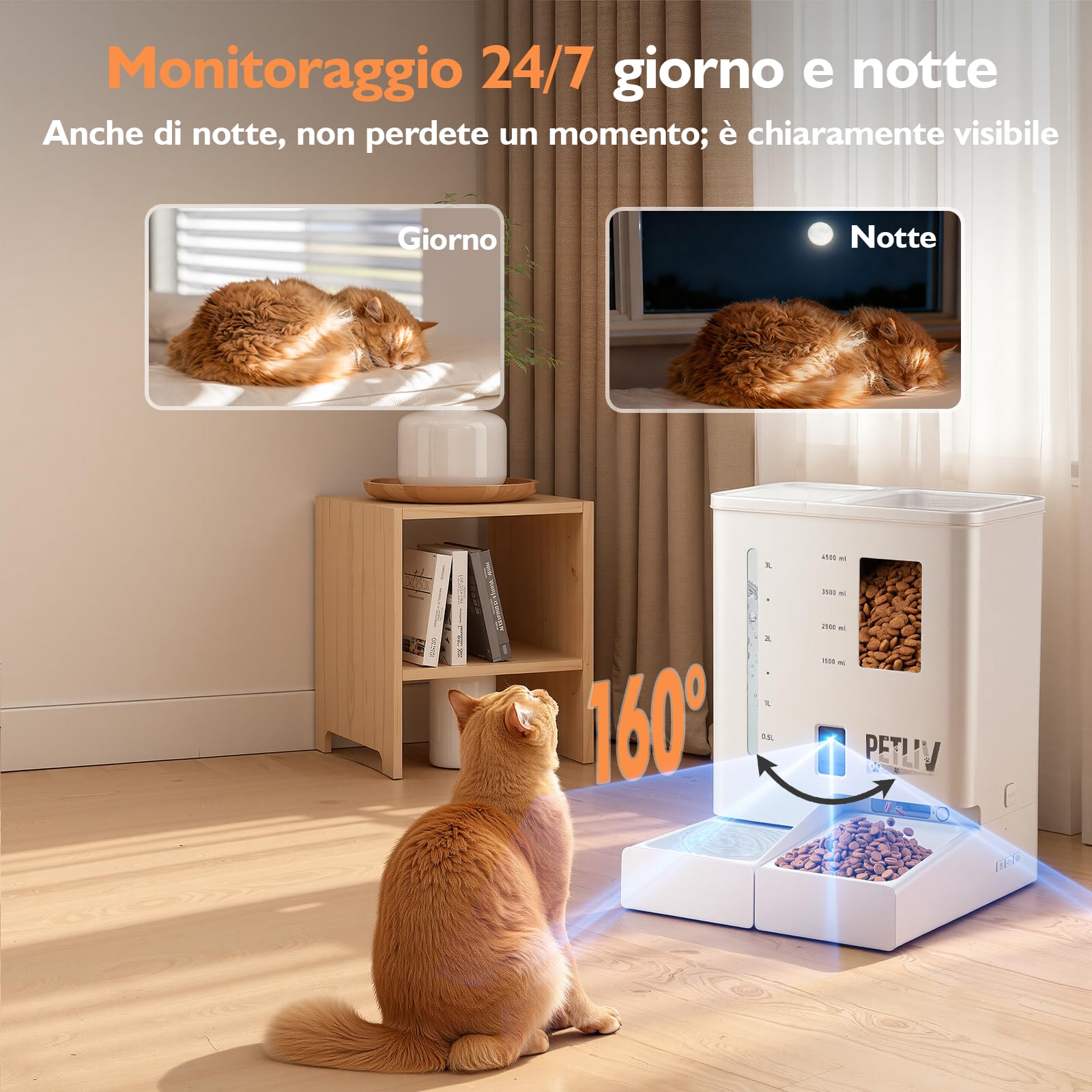 PETLIV Distributore Automatico Cibo Gatti con 2K Telecamera,5L Cibo e 4L Acqua Automati Gatti con 2.4G/5G WIFI,Controllo APP,con Visione Notturna,con Audio Bidirezionale