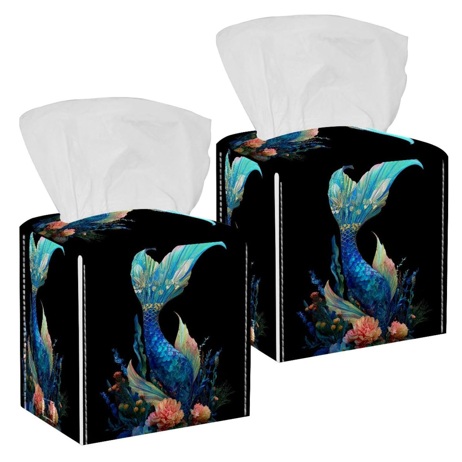Mermaid Tail Tissue Box Cover, 2 Pack PU Leather Square Facial Tissue Dispenser Box holder for Home Office Car