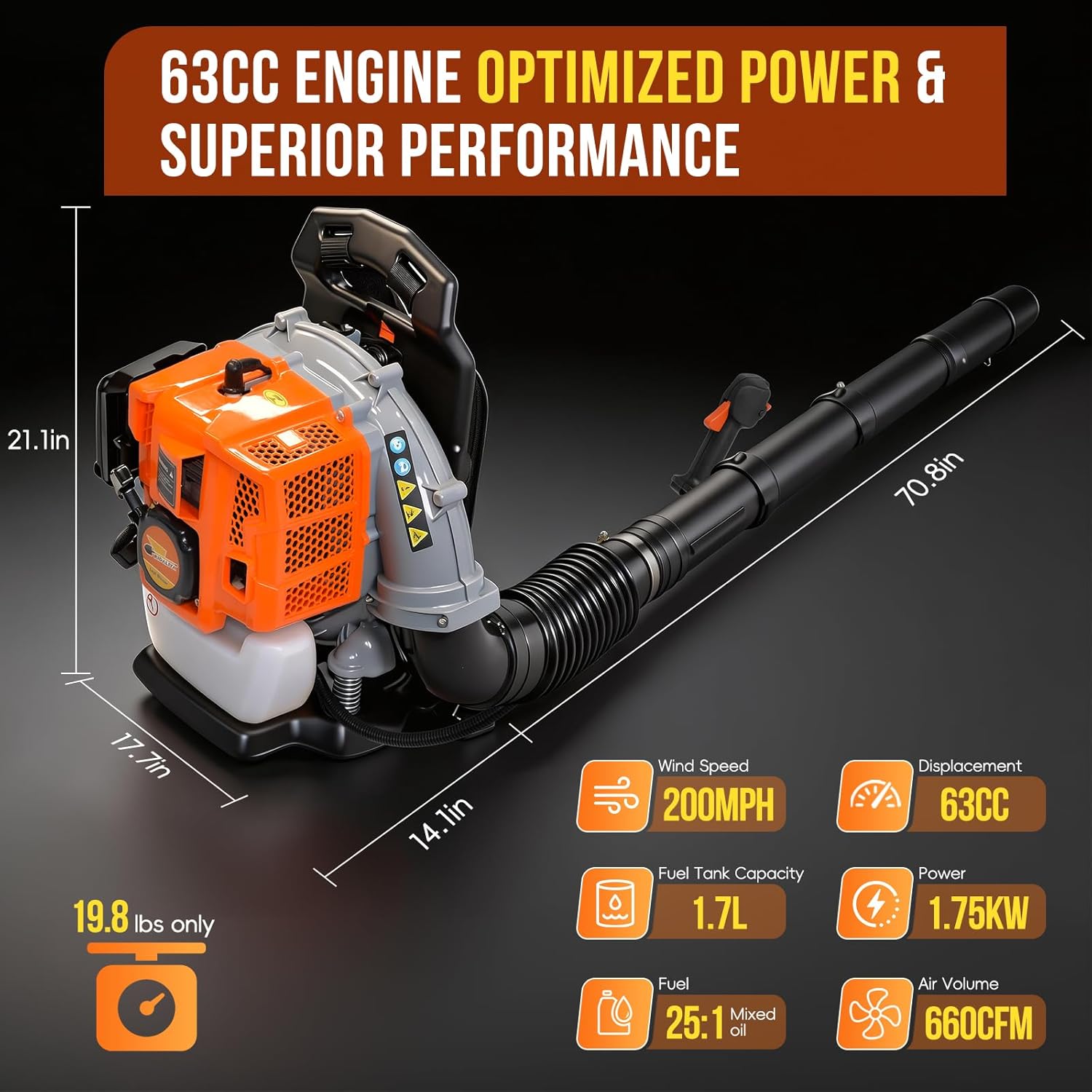 63CC Gas Leaf Blower, 3.2HP Backpack Blower with 660 CFM Air Volume and 200 MPH Wind Speed, Powerful 2-Stroke Engine for Heavy-Duty Lawn, Yard, and Parking Lot Cleanup
