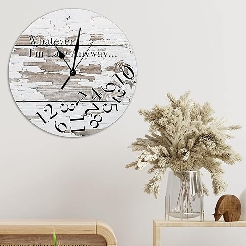 Miniatura 4 de Whatever I'm Late Anyway - Reloj de pared de madera de grano de madera blanca envejecida, estilo rústico, reloj de pared redondo de madera sin