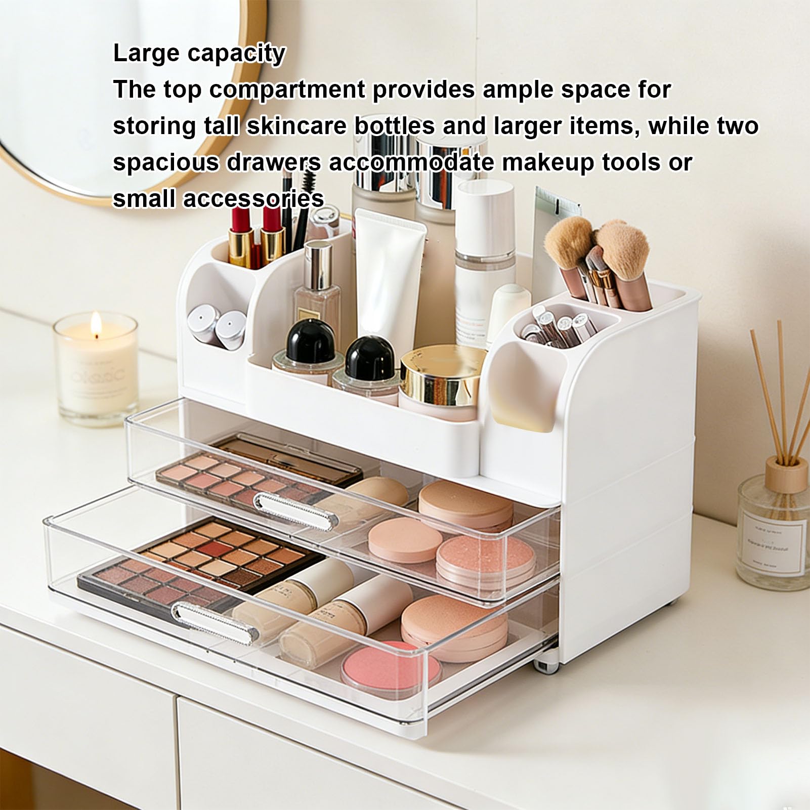 Organizer per Trucchi con Cassetti, Vetrina per Cosmetici da Banco, Organizer Porta Pennelli con Rossetto, Cura della Pelle e Profumo, Ideale per la Toeletta della Camera da Letto, il Bagno