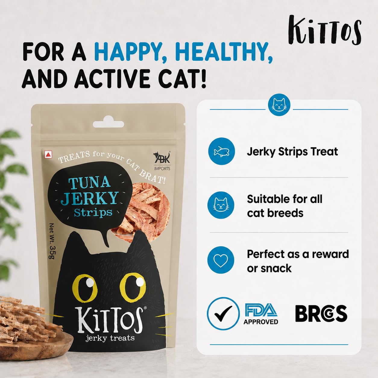 Kittos Tuna Jerky Strips Cat Treats, High Protein Cat Snacks for Training & Rewards, Healthy Tuna Cat Treats for All Life Stages, Soft Chewy Cat Food Treats, Highly Digestible 35g Pack of 2 4