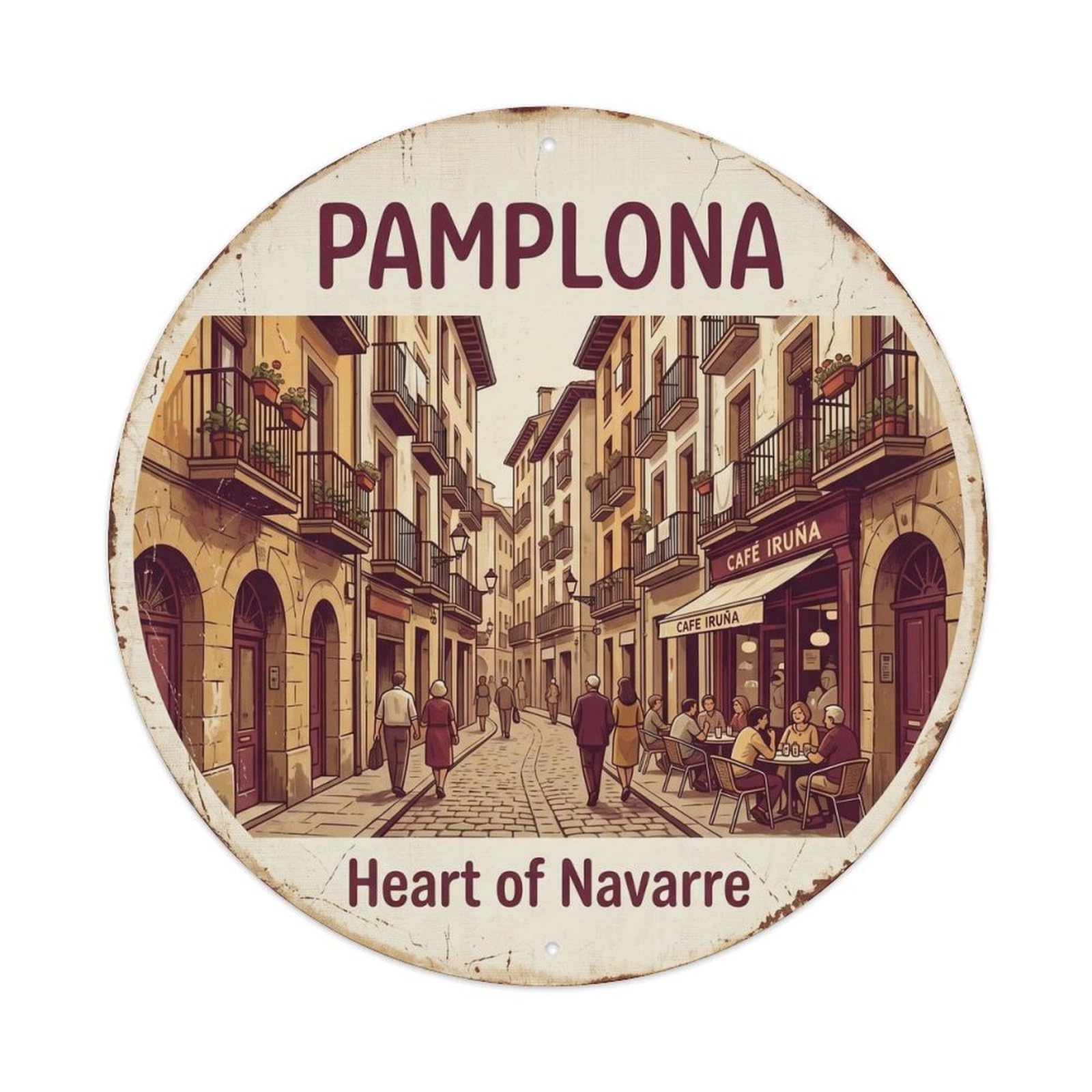 Pamplona Oldtown Streets Cityscape Vintage Travel Map Cartography Metal Tin Sign Plaque Wall Decor for Cafe, Man Cave, Club Bar, Office, Home Garden Round Metal Poster 8x8Inch