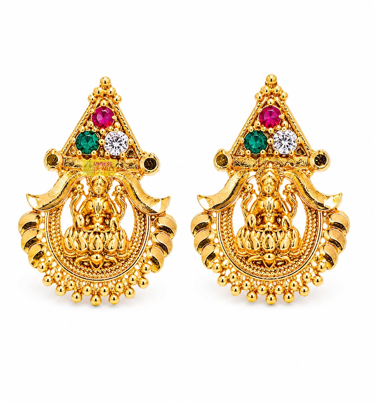 Gold Plated Lakshmi Designer Earrings for Women & Girls | South Indian Traditional Temple Jewellery | Three Color Stone Stud Earrings | Fancy Ethnic Daily Wear Earrings-image-10