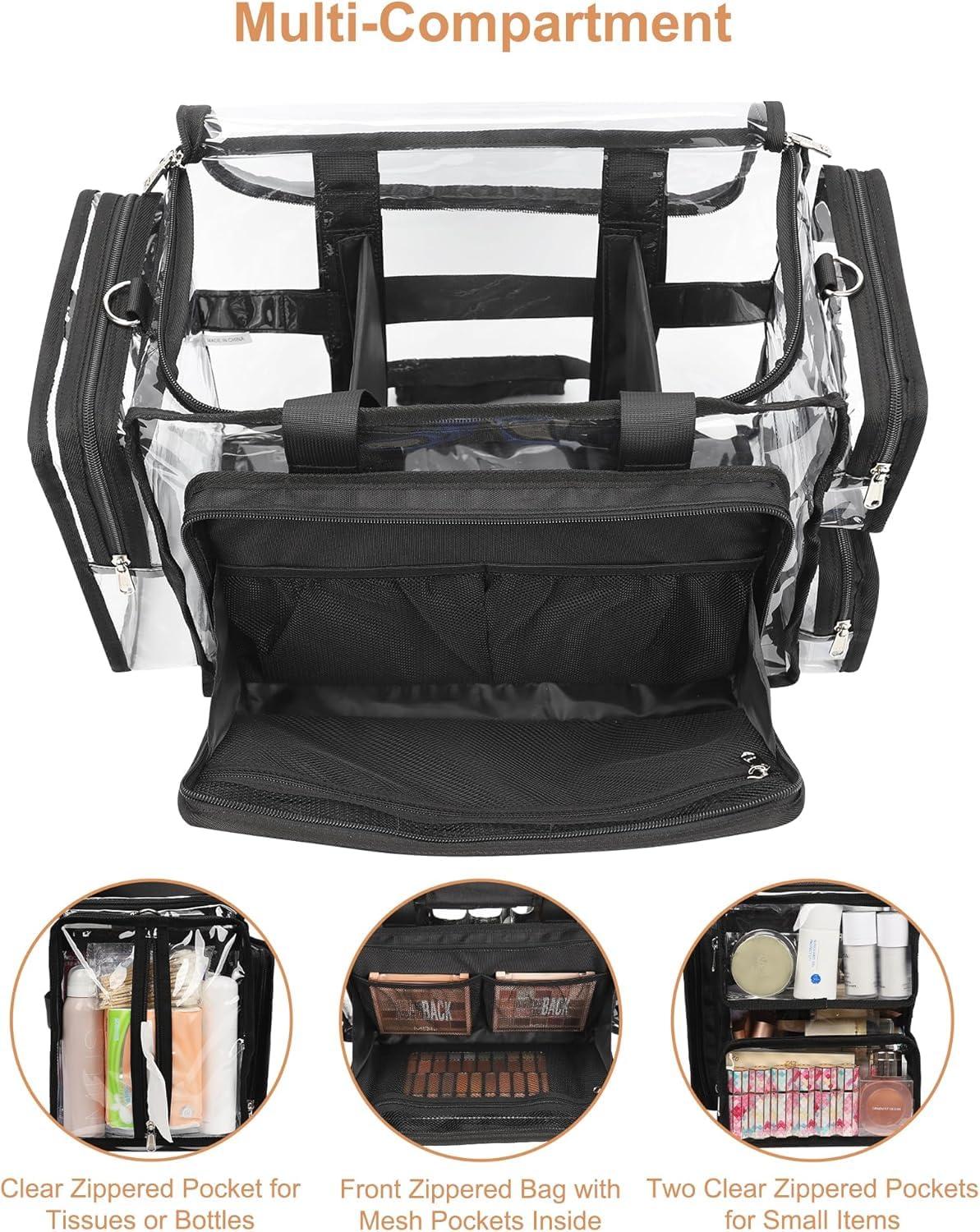 Relavel Bolsa de maquillaje transparente XXL - Juego de cosméticos profesional para viscosos y barberos, organizador de belleza de viaje con compartimentos ajustables, bolsa de lona transparente para