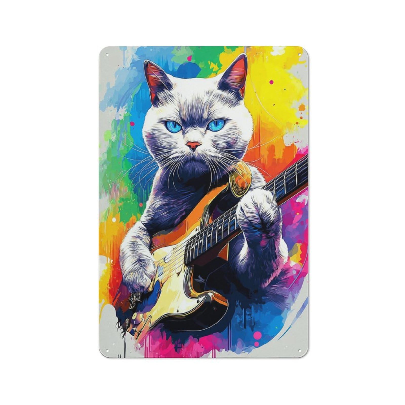 Junmoney Colorful Cat Guitarist Painting Metal Wall Sign 30X20cm Featuring For Café Or Restaurant, A Decorative Metal Sign For Cafés And Restaurants