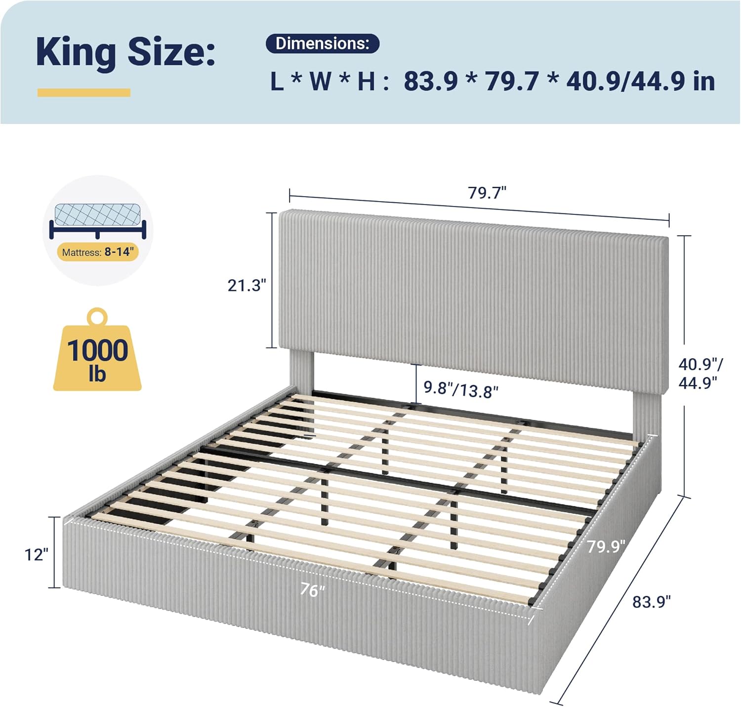Allewie King Bed Frame, Upholstered Platform Bed, Adjustable Vertical Channel Tufted Headboard, Corduroy Fabric, Modern Low Profile, Wooden Slats, No Box Spring Needed, Easy Assembly, Light Grey