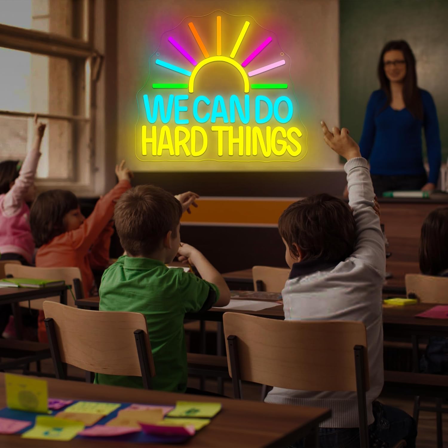 We Can Do Hard Things Neon Sign for Wall Decor Dimmable Inspirational Sunrise LED Neon Lights for Classroom Bedroom Decor Classroom Signs Positive Wall Art for Office Gifts Size 12.2*10.8in(GLNP302)