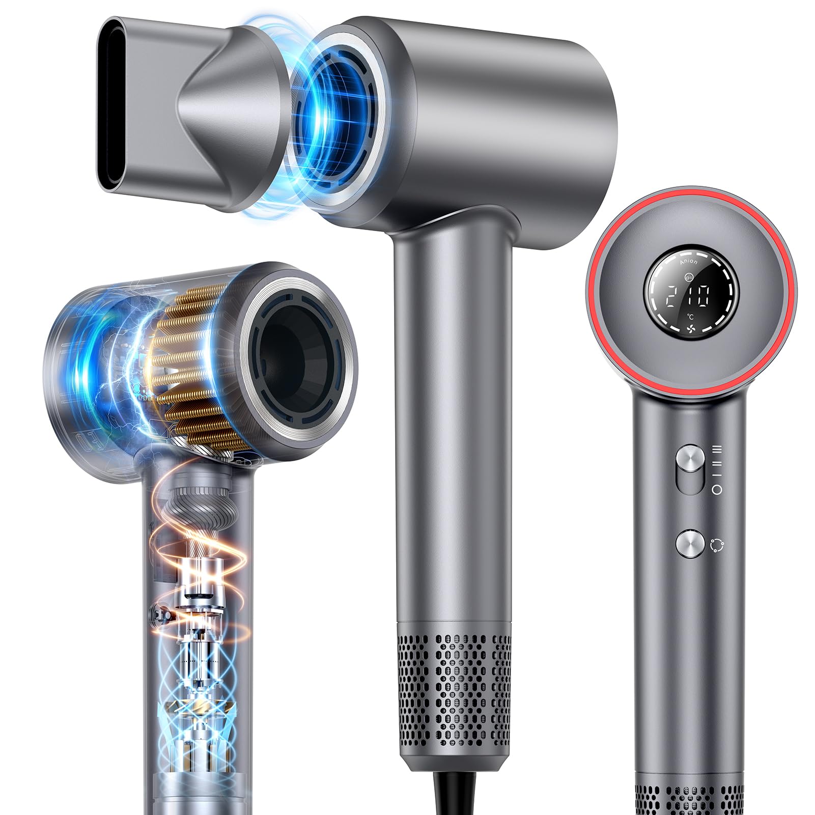 Hair Dryer, 160000 RPM High Speed 200 Million Ionic Blow Dryer, Professional Hair Blow Dryer with Diffuser and Nozzle for Home, Travel & Salon Use, 120V