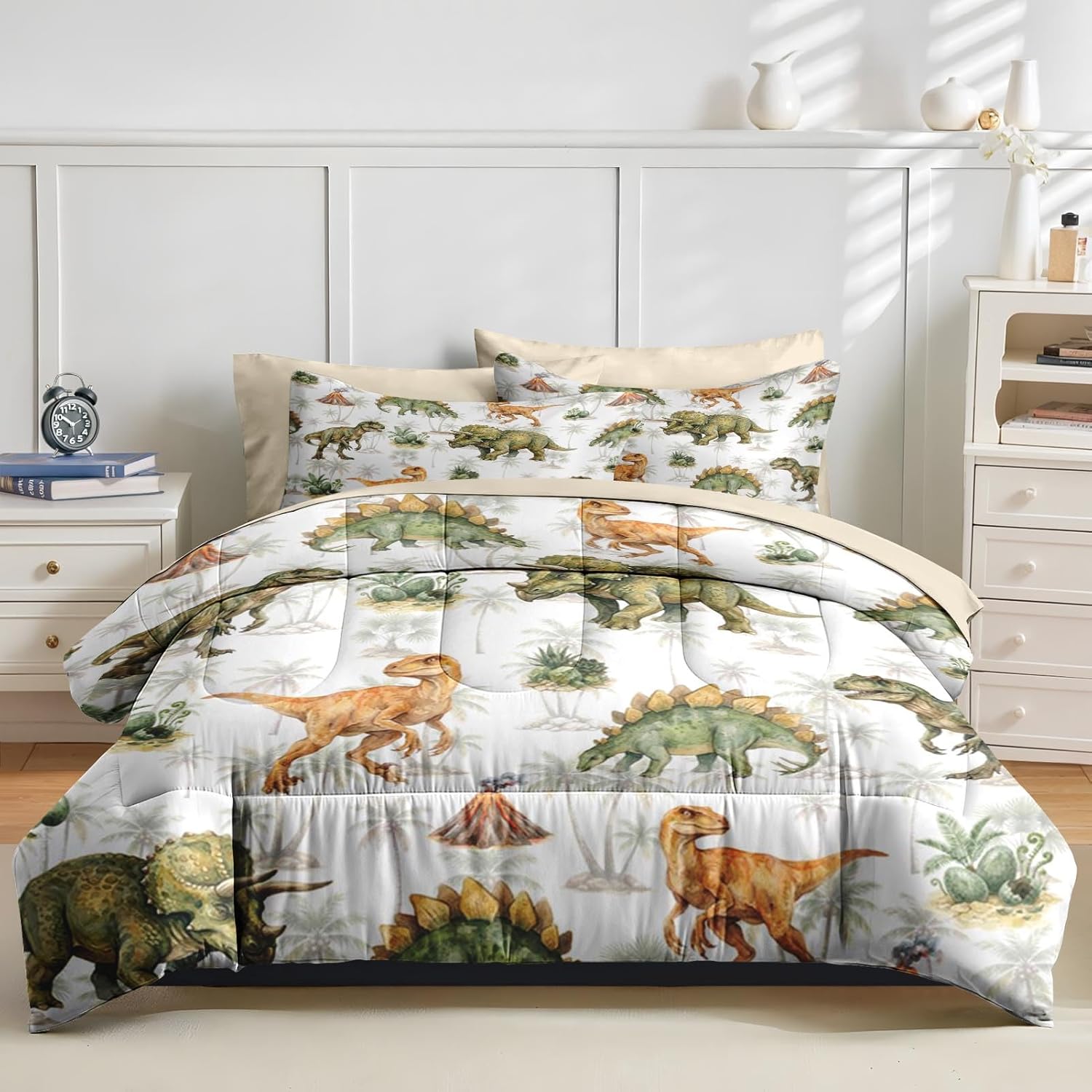 Nesker Comforter Set Twin Size,Dinosaur Palm Tree5 Pcs Bedding for Kids and Adults,Green Dino Palm Leaf Bed Sheet Sets with Fitted Sheet Pillowcase & Sham - Image 3