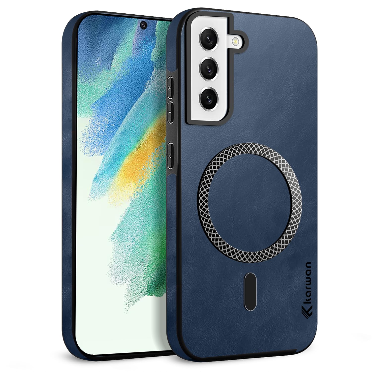 KARWAN®️ Magnetic Shockproof Artificial Leather Back Case Cover for Samsung Galaxy S21FE 5G Wireless Mag-Safe Charging Slim Anti-Scratch Shield Strong Minimalist Design – (Blue)