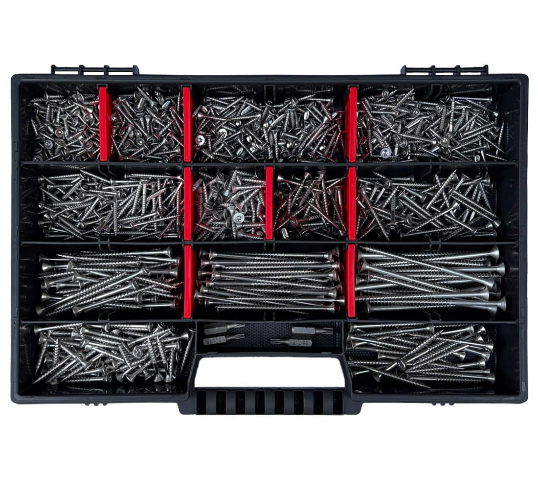FRACKMANN Edelstahl Schraubenset 1000 Teile – V2A Holzschrauben & Spanplattenschrauben 3x12 bis 4,5x80 – inkl. 4 TX Bits & Sortimentskoffer – Profiqualität