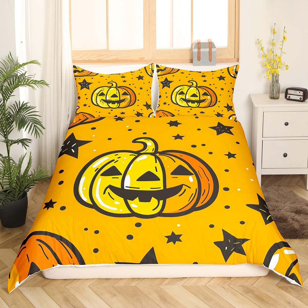 Cartoon Pumpink Yellow Duvet Cover Full,Hand Drawn Hallowenn Pumpinks Stars Dots Comforter Cover for Teens Youth,Cartoon Kids Halloween Bedroom Gifts All Season Super Soft Bedding (Not Comforter)
