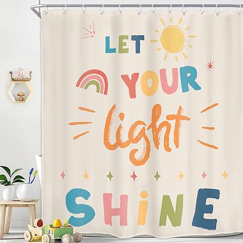 Homewelle Cortina de ducha colorida para niños, diseño de caricaturas, inspiradora, clásica, con letras inglesas que te permiten brillar,