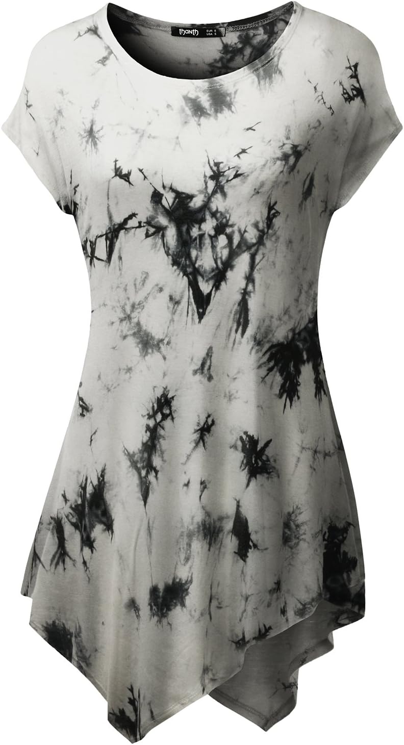 TWINTH Printed Tunic Plus Size Tie Dye Short Sleeve Handkerchief Hem Loose Fit Top White XL