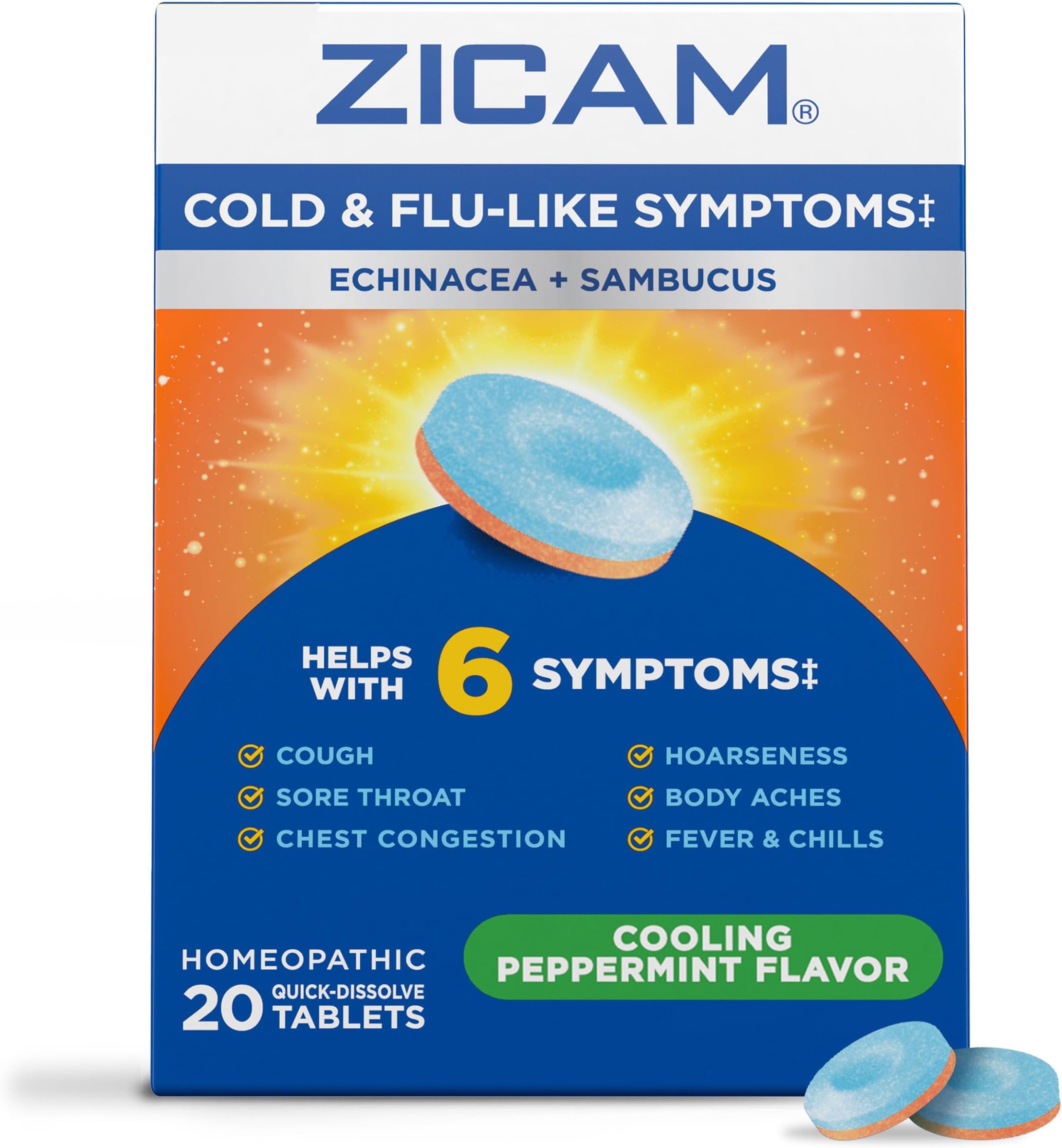 Cold & Flu-Like Symptoms with Echinacea and Sambucus, Homeopathic, Zinc, Cooling Peppermint Flavor, Helps with Cold Symptoms, 20 Tablets