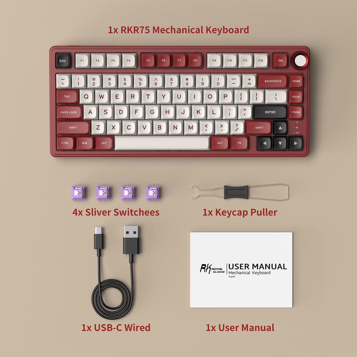 RK ROYAL KLUDGE Tastiera meccanica R75 cablata con manopola del volume, 75% montata su guarnizione per tastiera, retroilluminazione RGB, tastiera cremosa con profilo MDA, tasti PBT, interruttore