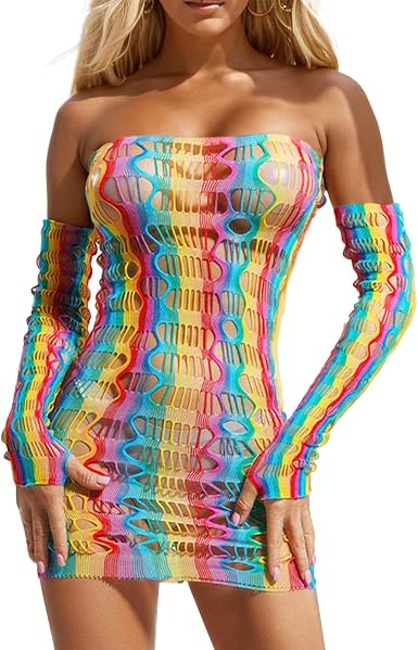 letcdfer Women's Rainbow Transparent Mesh Dress, Sexy Rainbow Fishnet  Stretchy Swimsuit Cover Up Dress, Mesh Blouse Women's Bodycon Dress, Style  4, L : Amazon.co.uk: Fashion