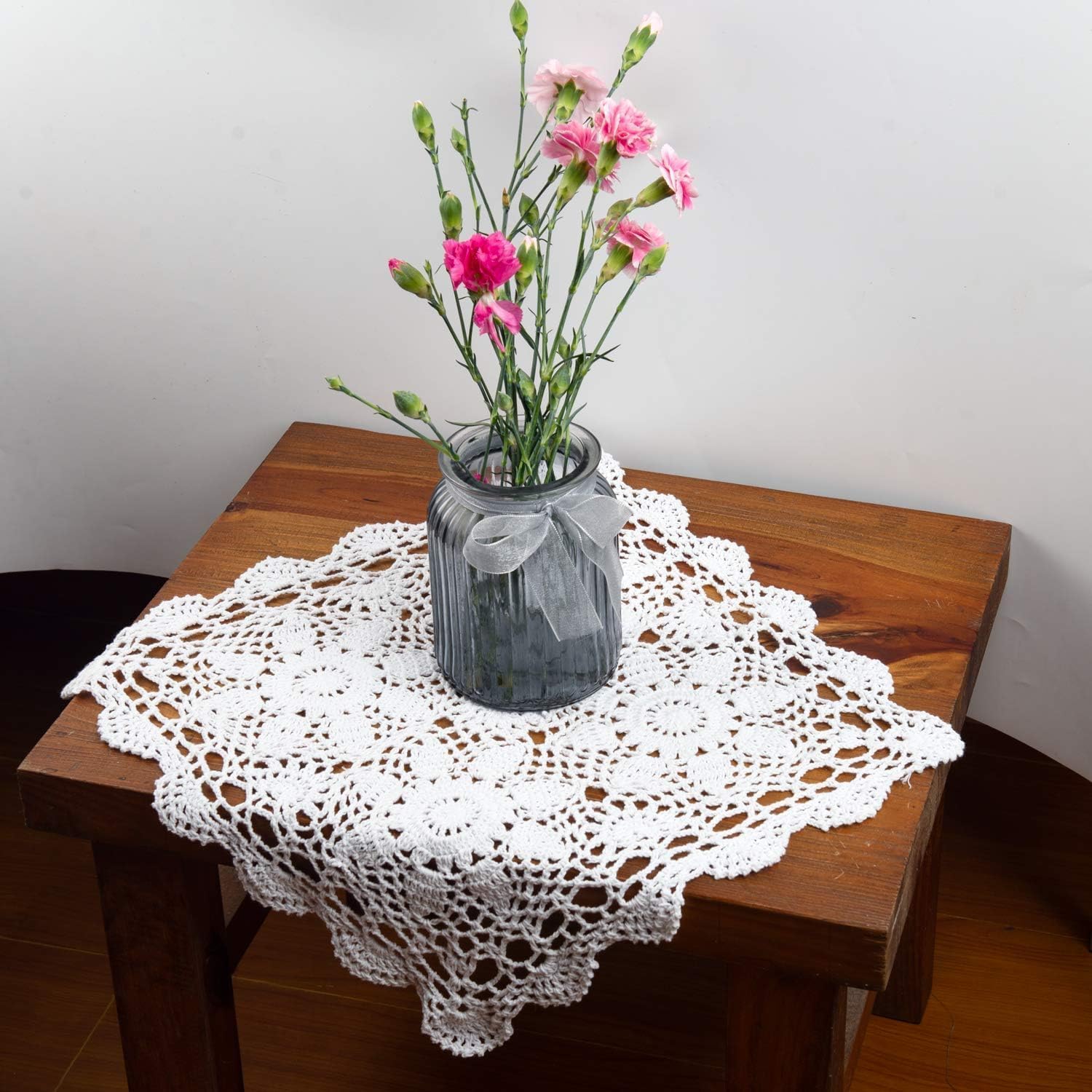 Eiyye Crochet Placemats Table Doilies Square Handmade Cotton Lace Thread Cloth 14x14 Inch 1-Pieces(White)