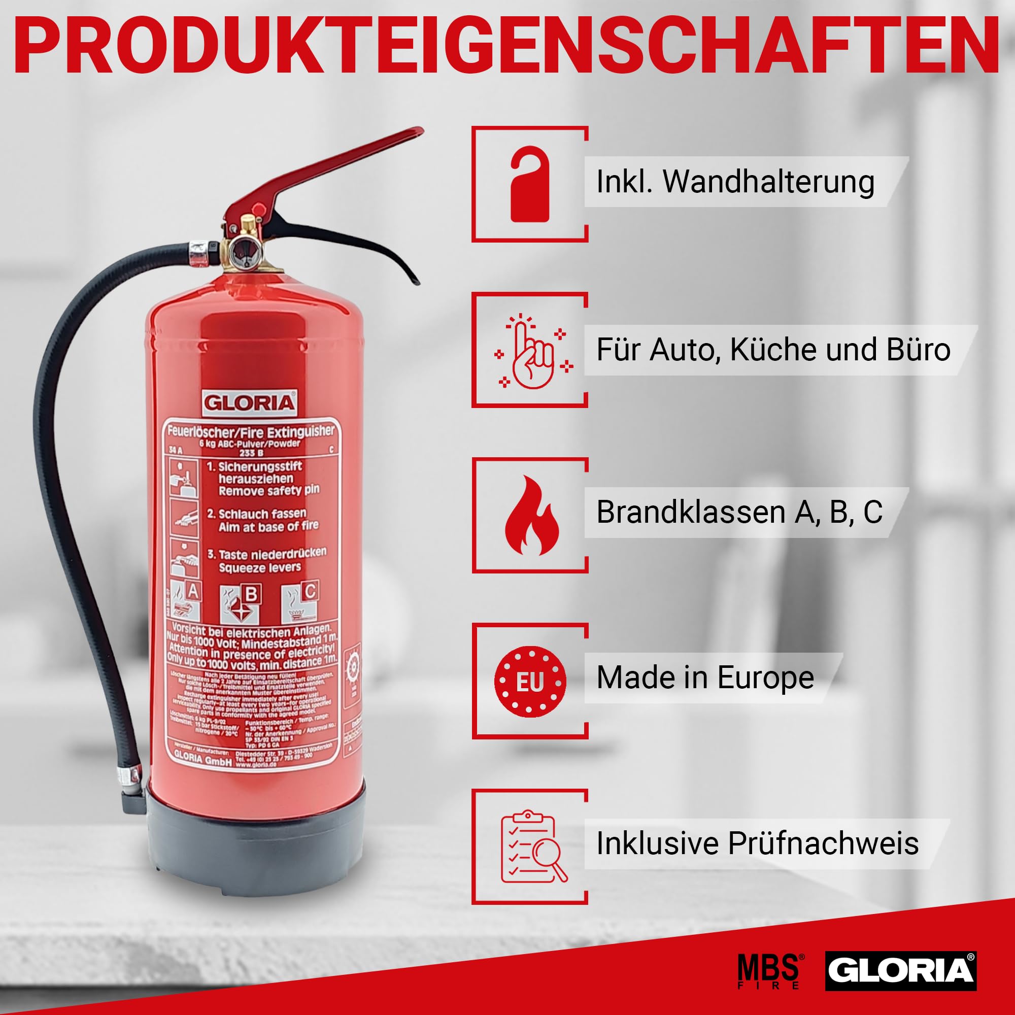 Gloria PD 6 GA Pulverlöscher - 6kg Dauerdrucklöscher - Brandklassen A, B, C - inkl. Wandhalterung