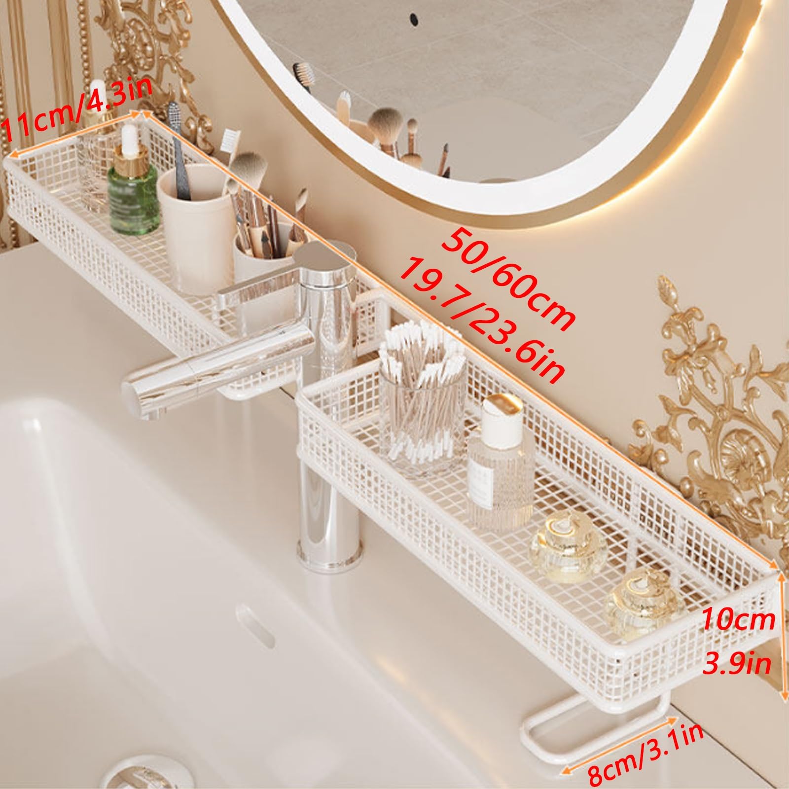 Ablage Waschbecken Ohne Bohren, Bad Ablage Über Waschbecken, Einfacher Wasserablauf, Abgerundete Ecken, Kompatibel mit Den Meisten Wasserhähnen(60cm/23.6in)