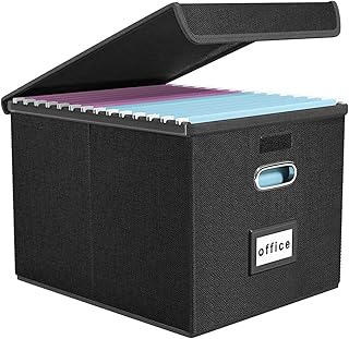 Finew Upgraded Portable File Organiser Box with Lid, Foldable Linen Hanging Filing Storage Boxes with Plastic Slide, Decorative Home/Office Filing System for File and Folders Storage (Black)
