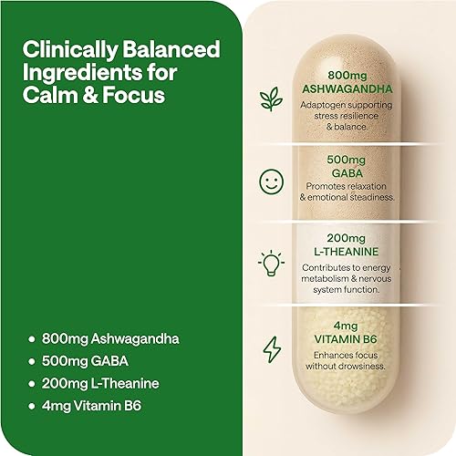 Miniatura 3 de Complejo Ashwagandha de 800 mg con GABA, L-teanina y B6 - Apoyo adaptogénico para la calma, la concentración y el estado de ánimo - 60 cápsulas -