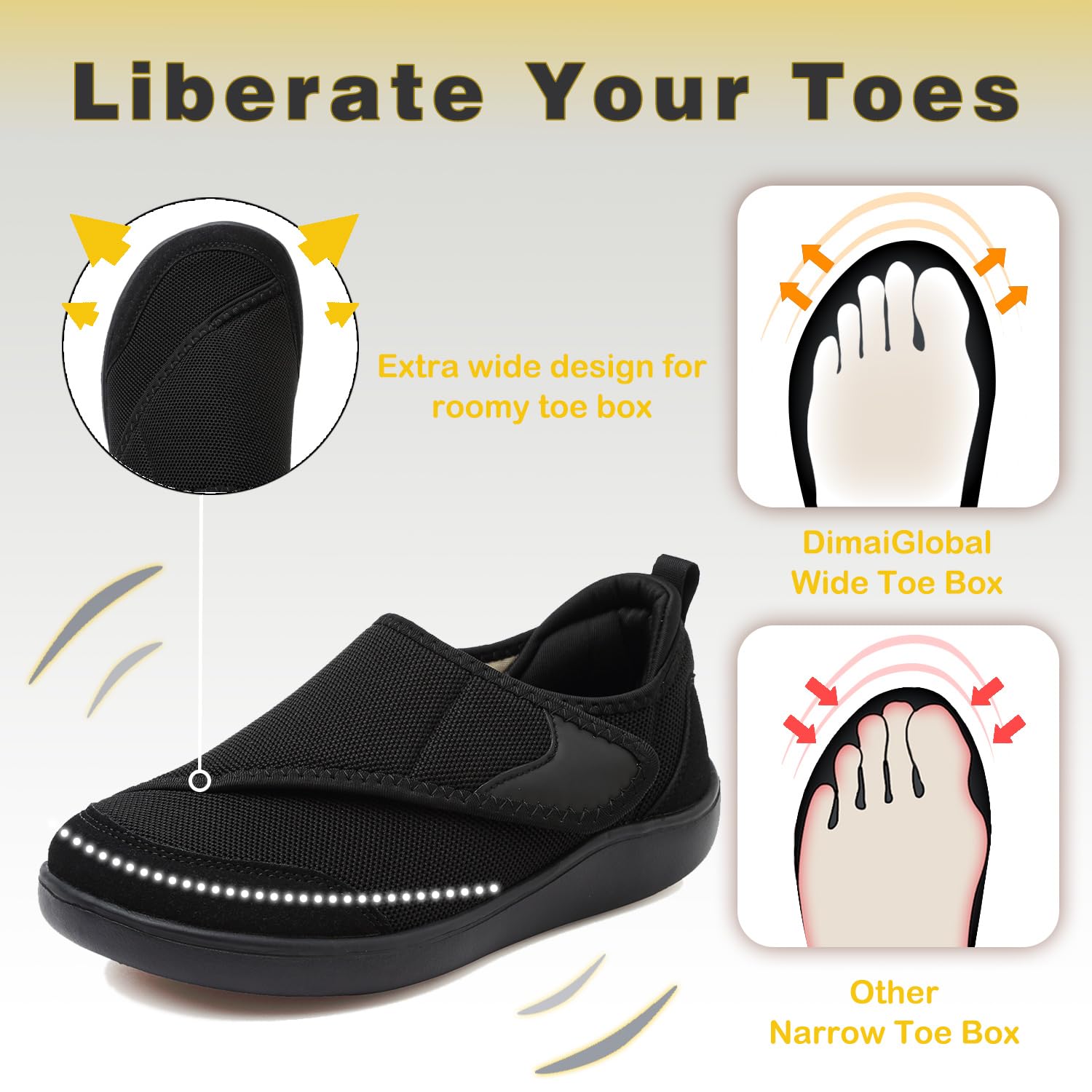 DimaiGlobal Zapatos para caminar diabéticos de ajuste extra ancho, para hombre y mujer, fáciles de cerrar, ajustables, para artritis, edema, pies hinchados, zapatillas ligeras