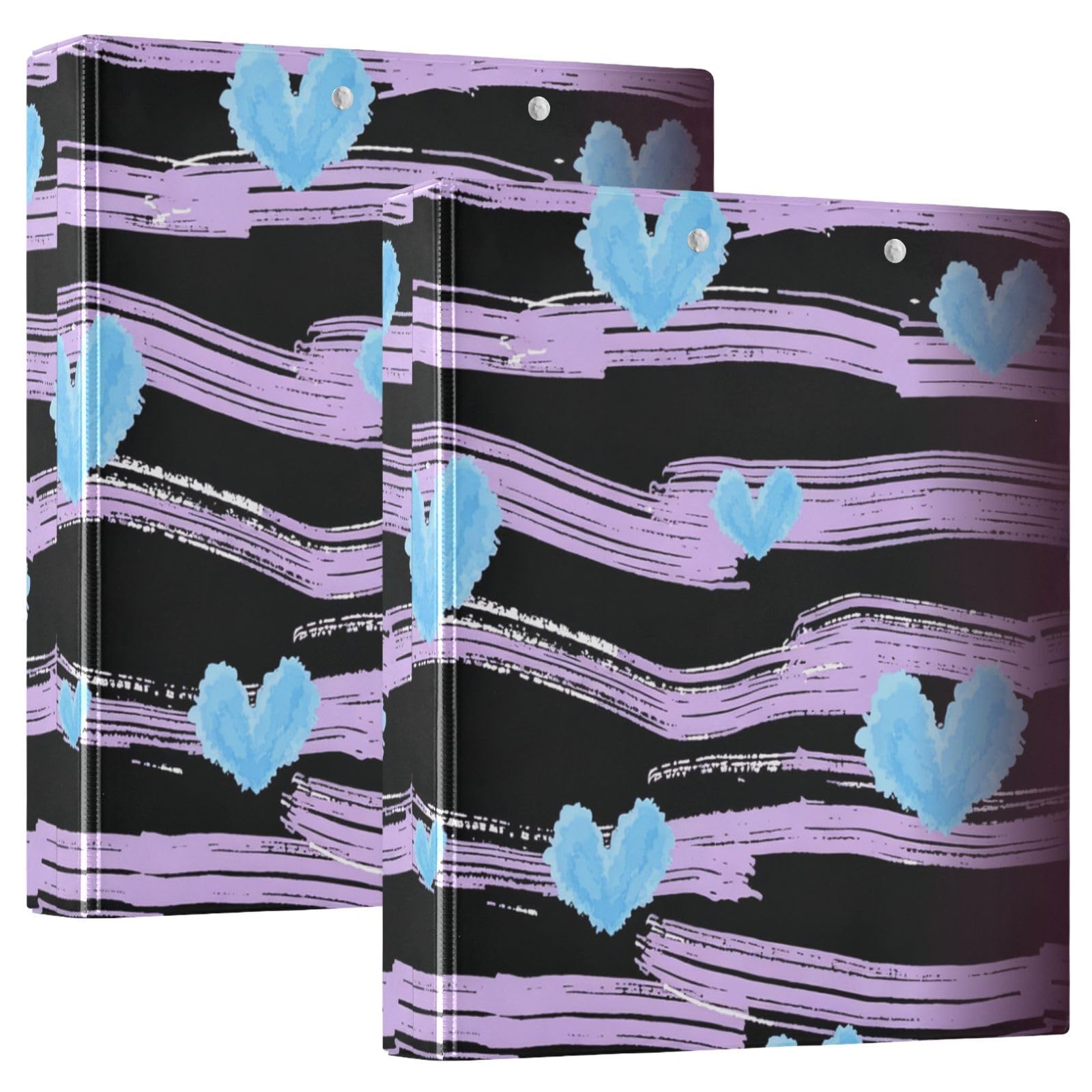 Raccoglitori scolastici da 3,8 cm, motivo a righe viola, con cuori blu