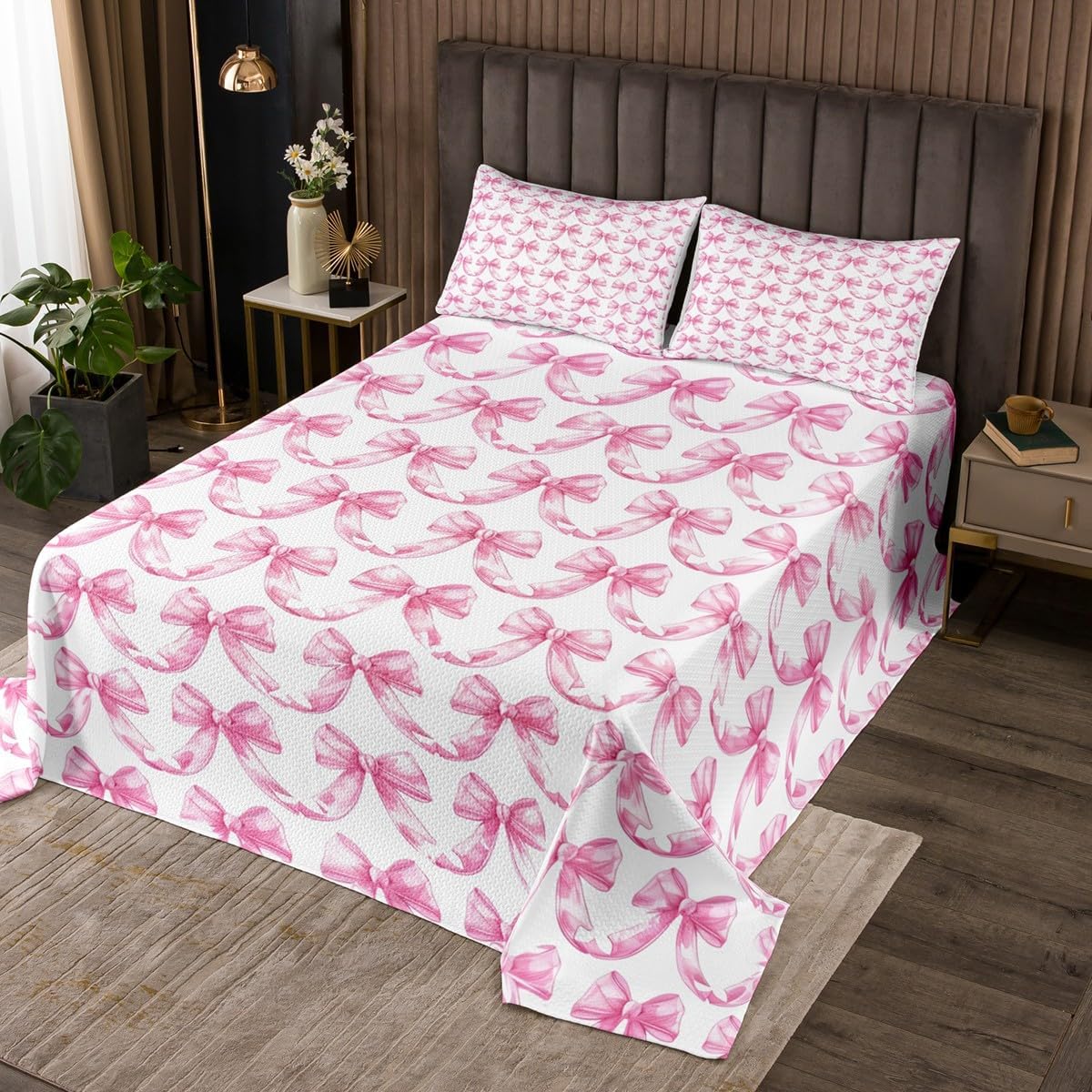 Feelyou Bow Bedspread Quilts Watercolor Bow Coverlet Set Twin Size for Kids Boys Girls Dreamy Princess Style Quilted Coverlet for All Season with 1 Pillowcase Microfiber
