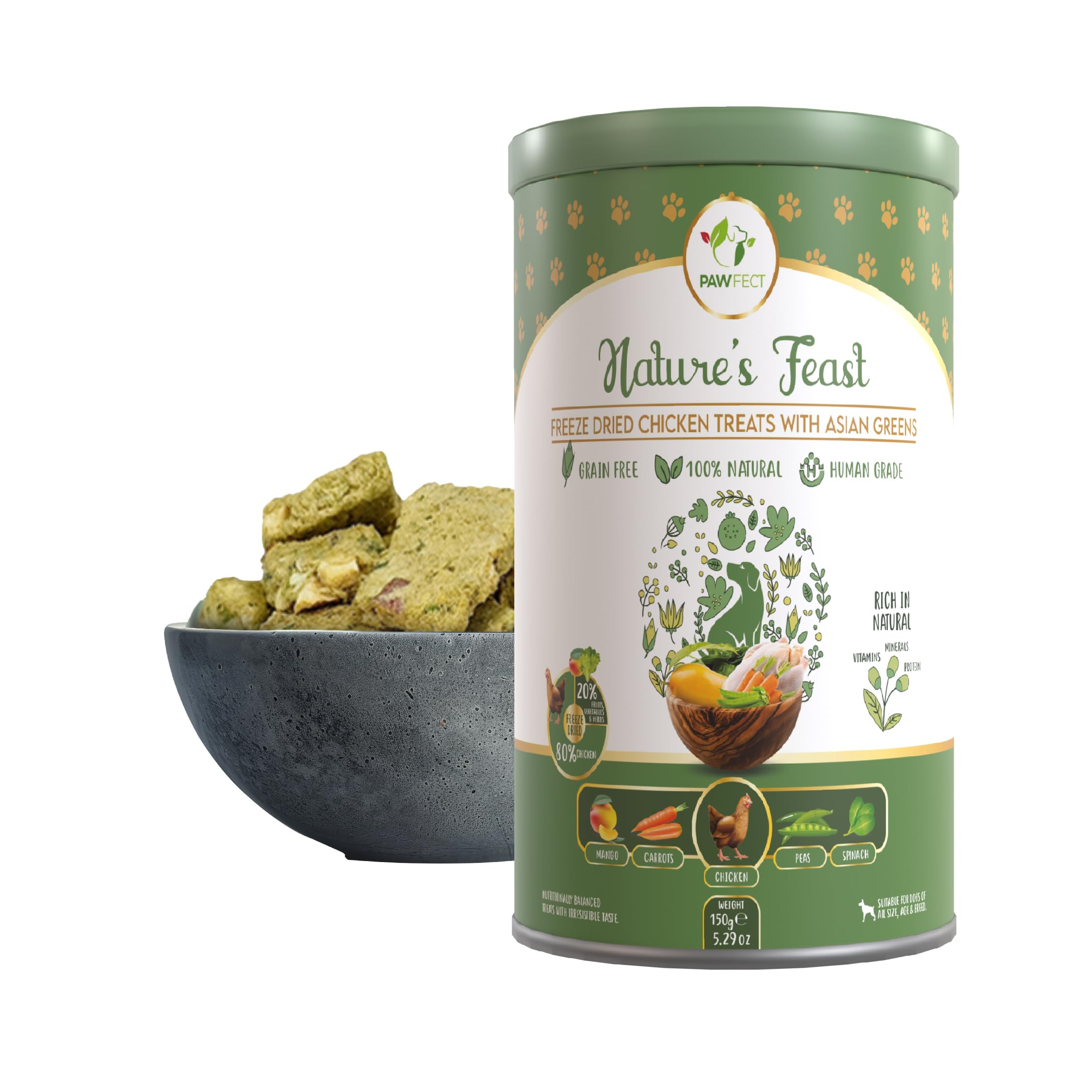 Pawfect Nature's Feast Freeze-Dried Chicken Treats with Asian Greens for Dogs - 80% Chicken, 20% Veggies & Fruits-100% Natural- Grain-Free-High Protein- Limited