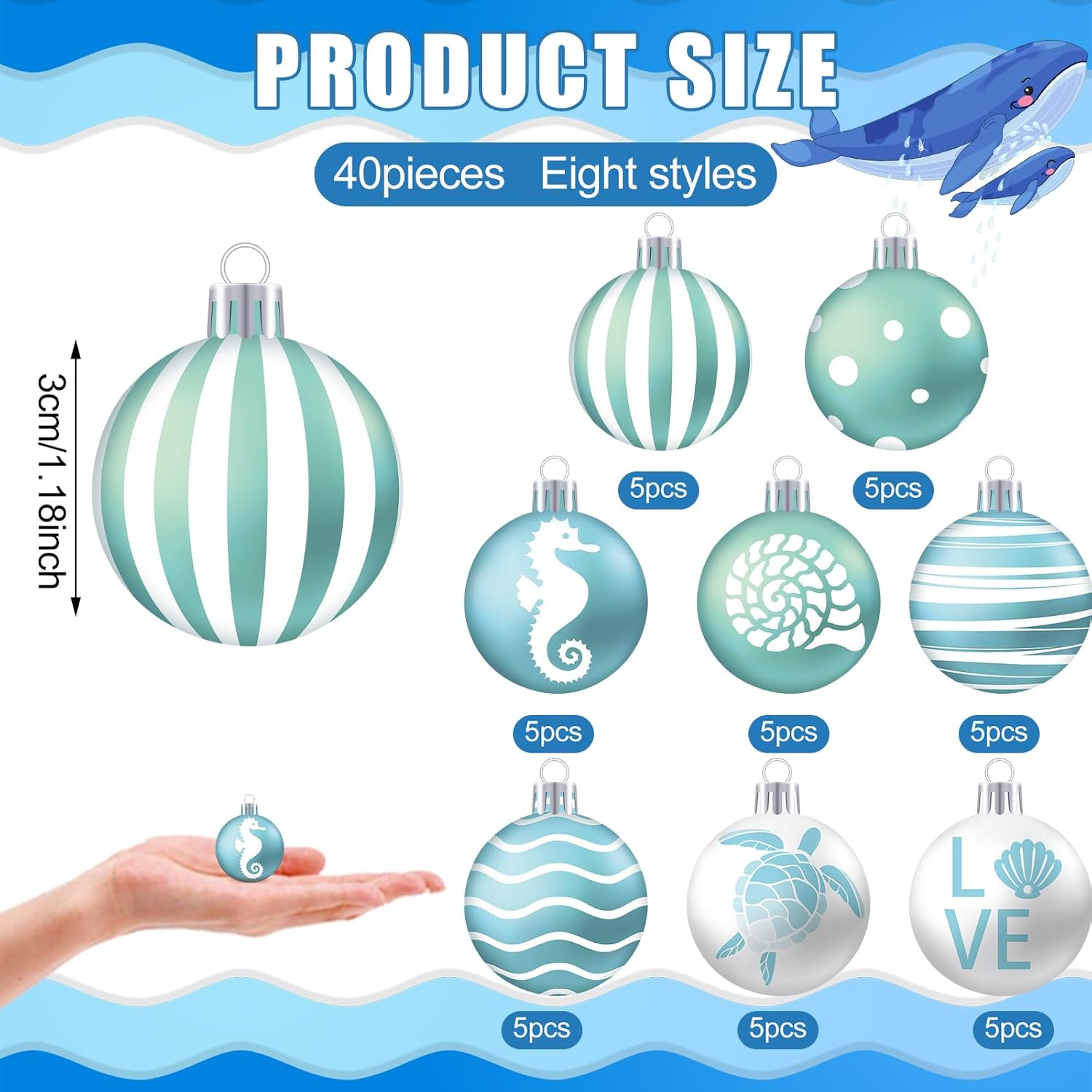 HyDren 40 Pcs Mini Beach Ornaments 1.2 Inch Beach Summer Ornaments Hanging Mini Tree Decorations Seashell Seahorse Sea Turtle Striped Dot Ocean Ball Decorations for Holiday Party - Image 3