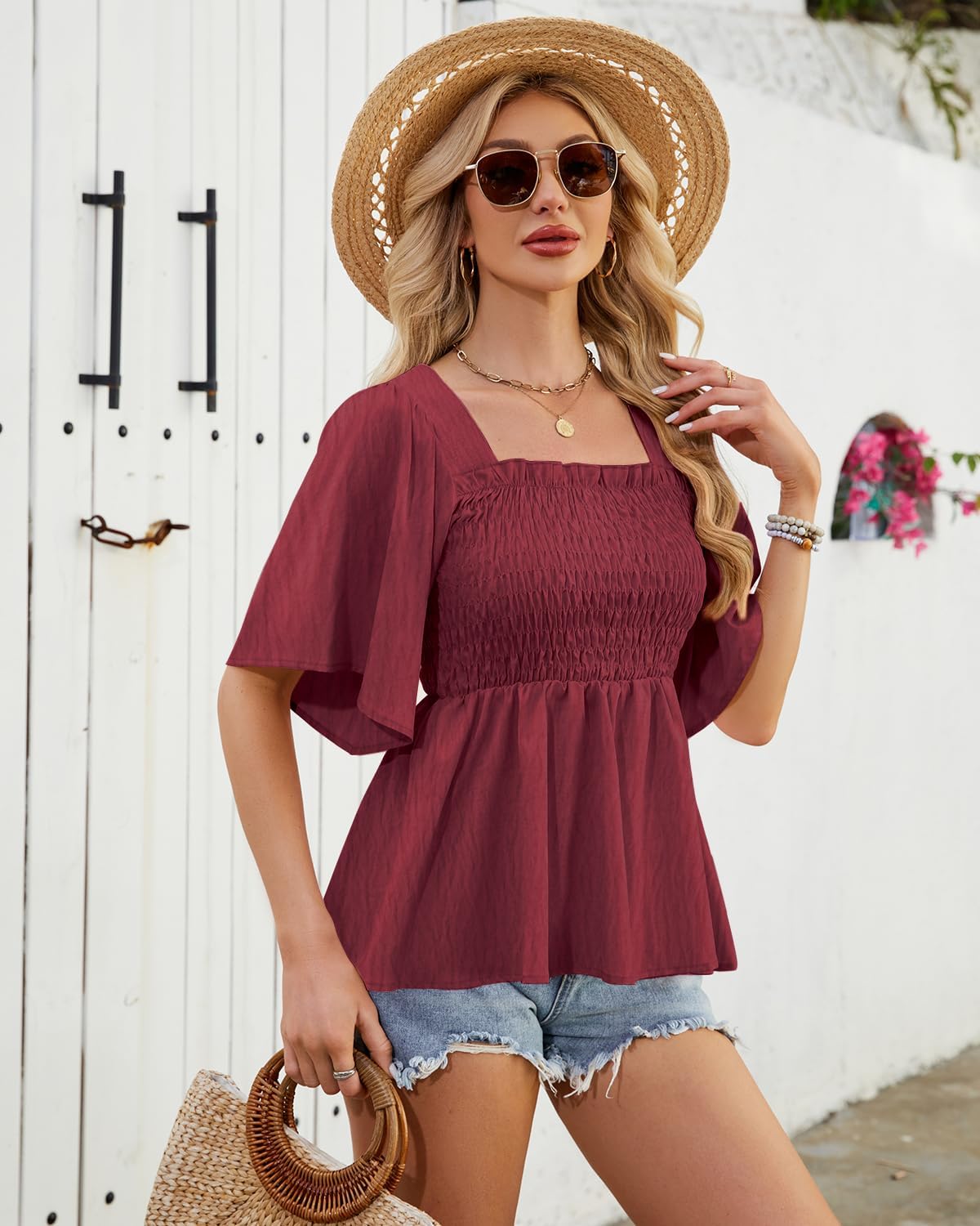 HEYTALALA Womens Summer Smocked Peplum Top Square Neck Ruffle Short Sleeve Blouse Loose Fit Babydoll Shirts 2025 - Image 6