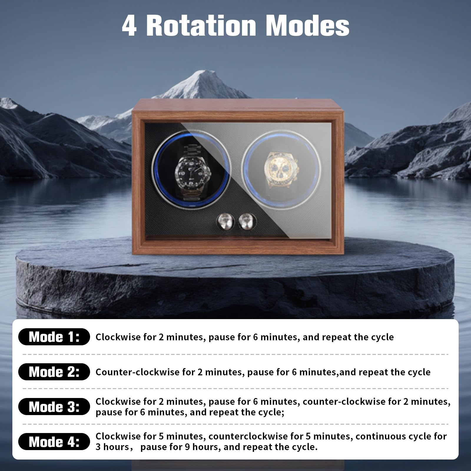 Uhrenbeweger für Automatikuhren, Dual Uhrenbeweger Box, 4-Rotationsmodus Einstellung, mit leisem Motor und Blaue LEDs