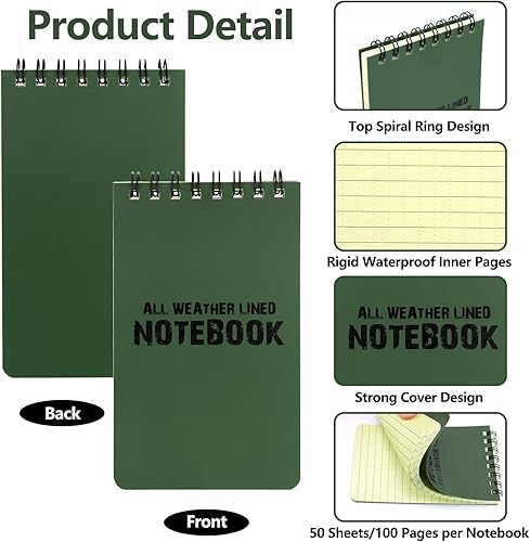 Miniatura 10 de Paquete de 20 cuadernos impermeables, para todo tipo de clima, bolsillo de ducha, bloc de notas táctico, bloc de notas en espiral, papel de