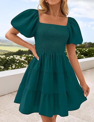 Miniatura 8 de ZESICA Mini vestido corto de verano bohemio 2026 con cuello cuadrado, manga abombada, hombros descubiertos, fruncido, escalonado, casual,