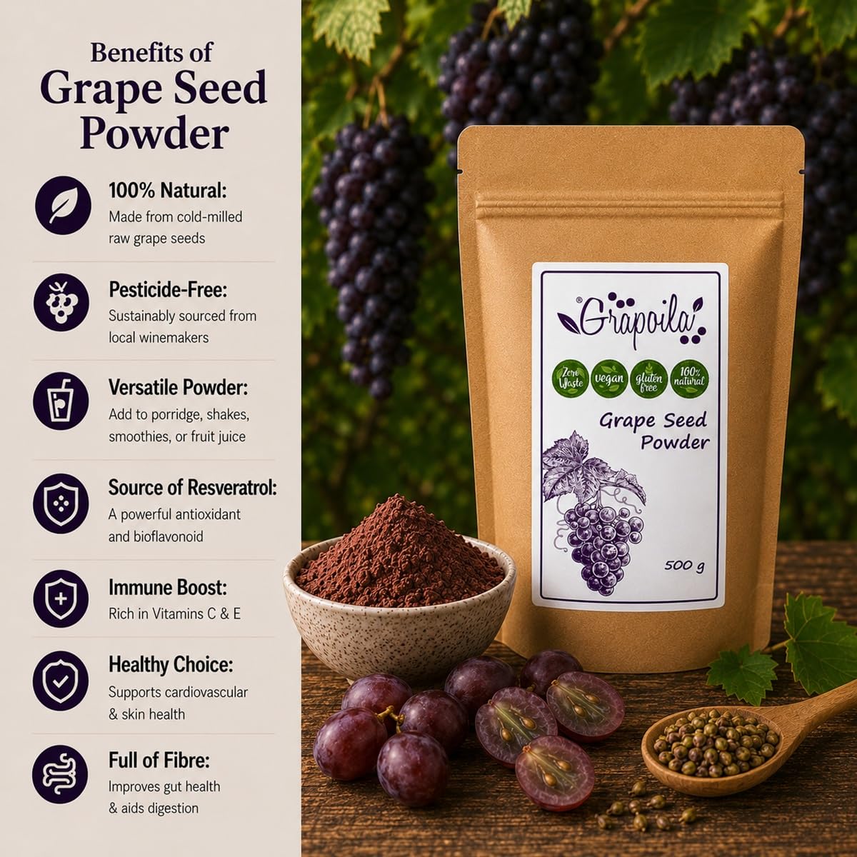 Poudre de pépins de raisin 500 g – Superaliment sain – Source naturelle de resvératrol