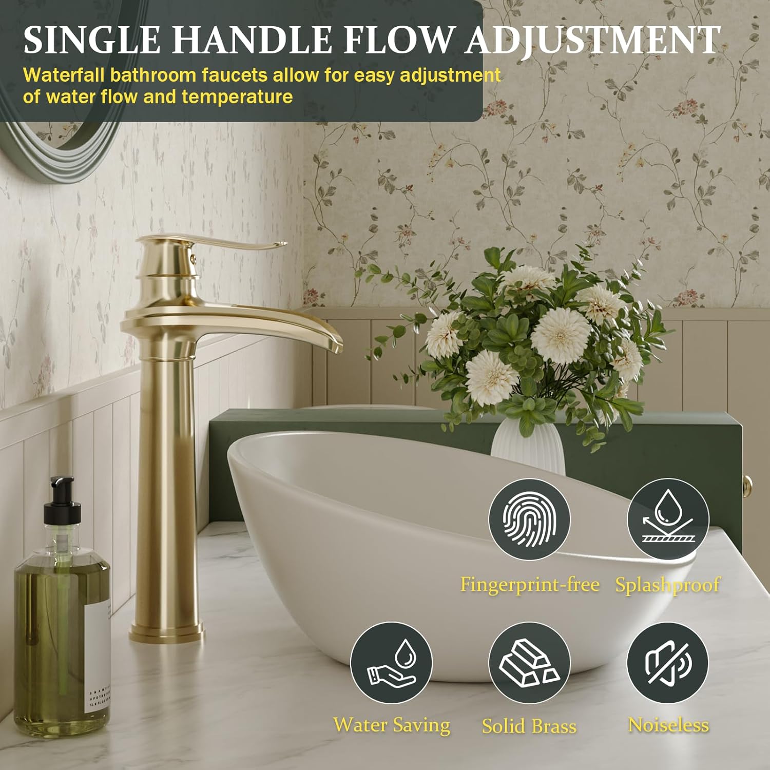 Brushed Gold Vessel Sink Faucet Waterfall Farmhouse Bathroom Faucets Single Hole Single Handle Lavatory Commercial Bath Vanity Tap with Bathroom Sink Drain