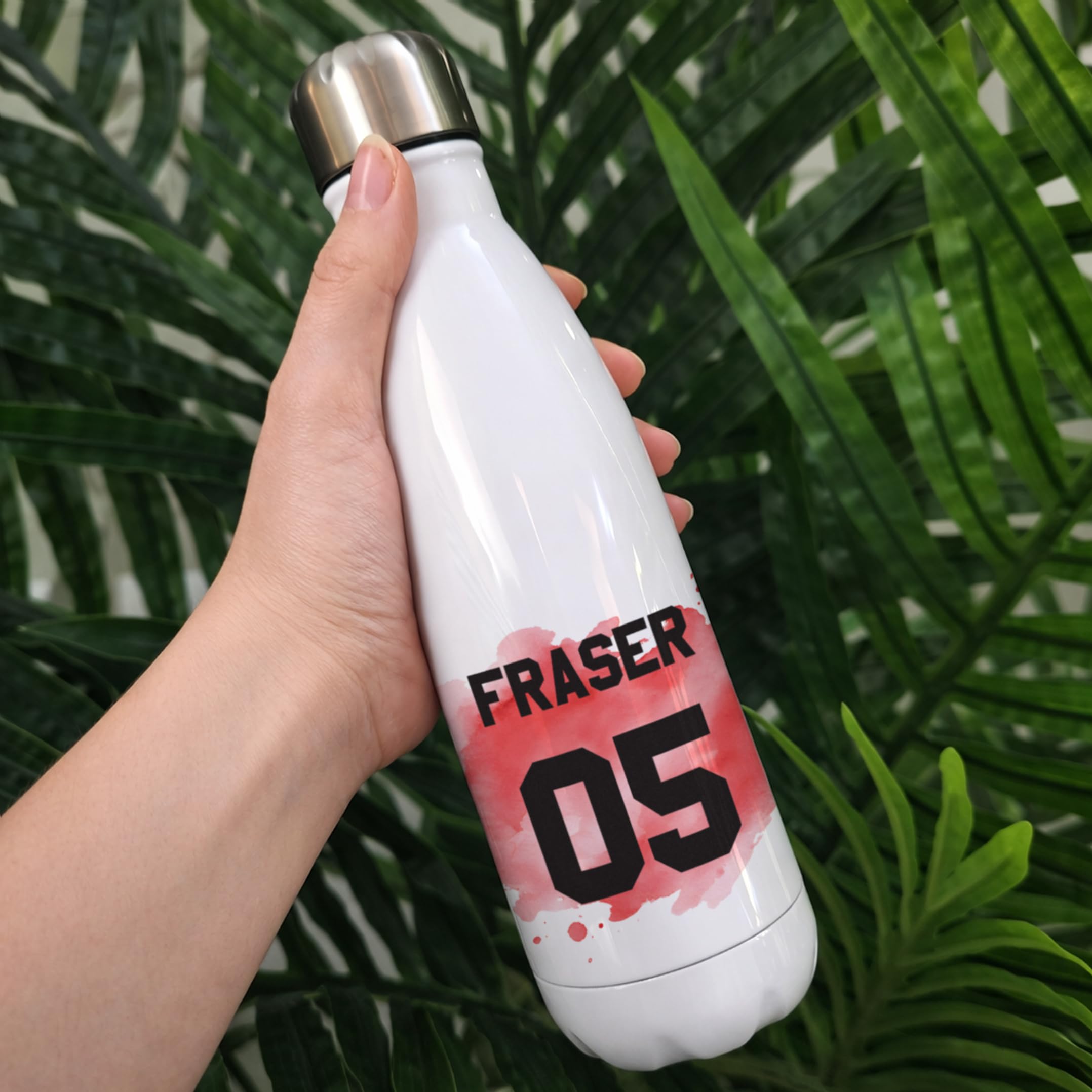 Personalisierte Wasserflasche 500 ml, benutzerdefinierter Name und Nummer, Sportflasche mit Auswahl der Teamfarbe Aquarell-Design, Edelstahl-Trinkflasche, Geschenkbox inklusive, personalisiertes