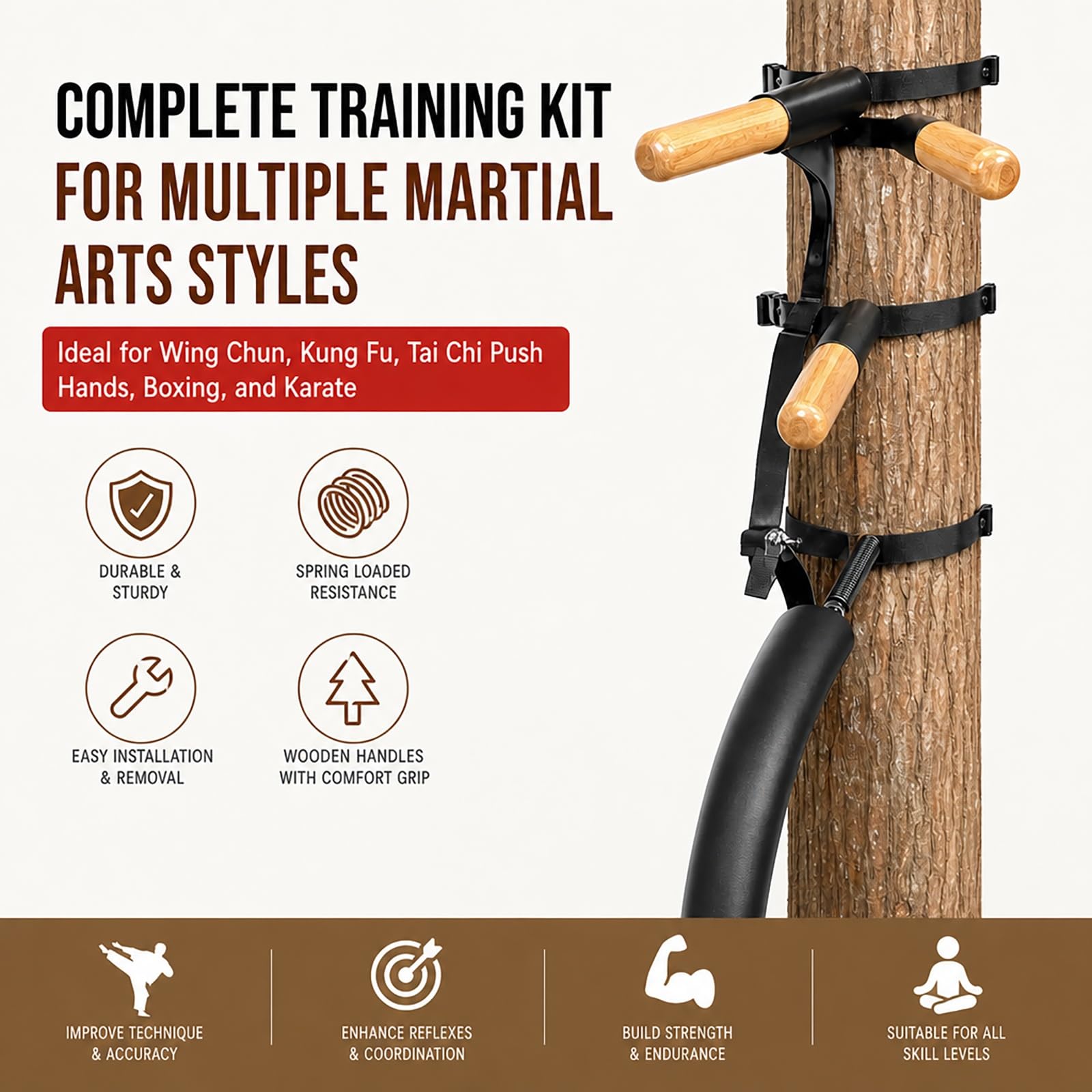 Drewniany manekin Wing Chun z 3 ramionami oraz ramionami sprężynowymi | Wykonany z litego drewna, z mechanizmem sprężynowym, sprzęt do treningu sztuk walki montowany na ścianie lub mocowany
