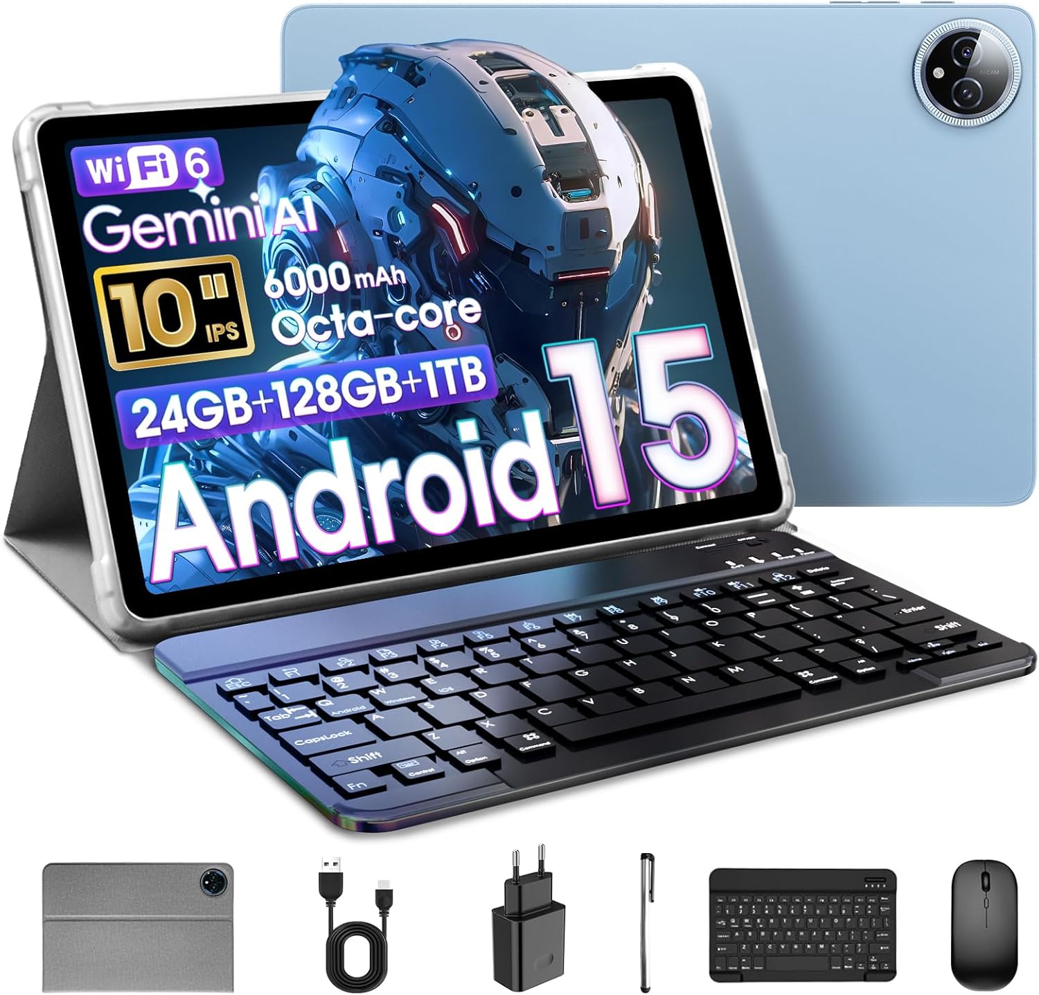 Raemond 10 pulgadas 15 Tablet con teclado,24GB RAM + 128GB ROM(1TB TF)T615 Octa-Core, Pantalla HD IPS 1280×800 Cámara doble 5MP + 8MP, 6000mAh,Gemini Ai Widevine L1, GPS, GMS, Altavoces dobles (Azul)