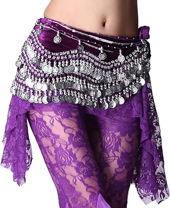 Womens Belly Dance Hip Scarf With Wave Shape Silver Coins