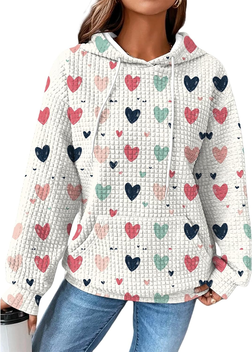 Women's Valentines Day Hoodies Pullover Waffle Crewneck Cute Graphic Hooded 2025 Spring Fashion Sweatshirts