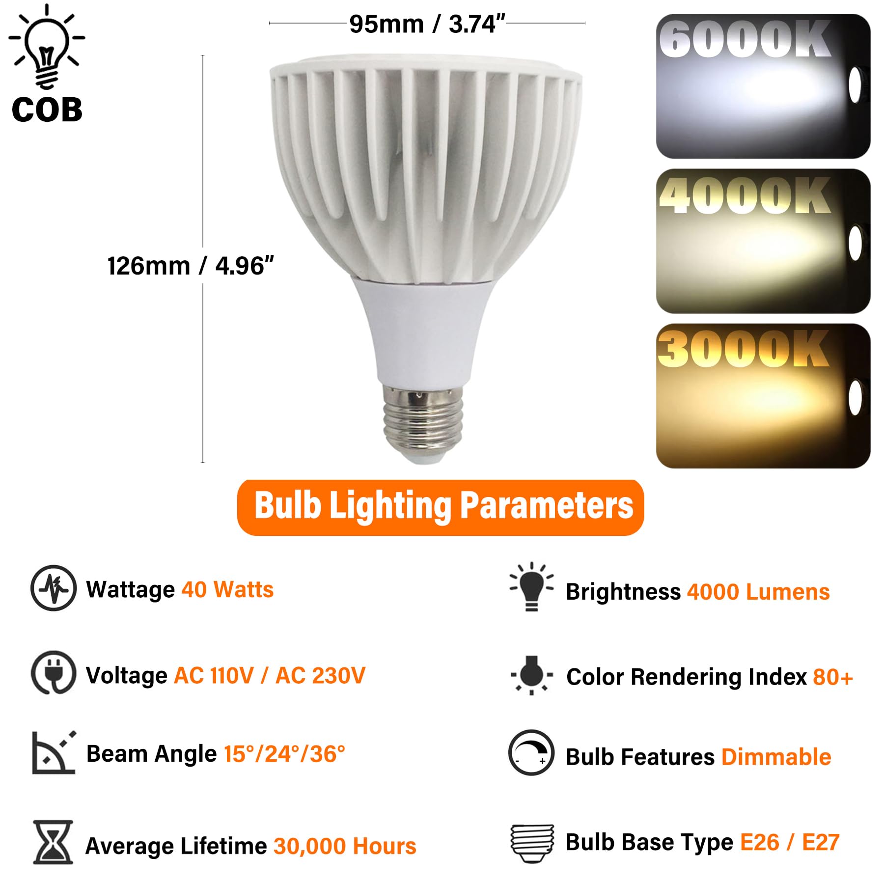 PAR30 Spotlight LED-Glühbirne, 40 Watt COB (300 Watt Äquivalent), 4000 Lumen, dimmbare Glühbirne, E27-Sockel, AC 220–240 V, PAR30 Flutlicht-Einbau-Glühbirnen (6 Stück)