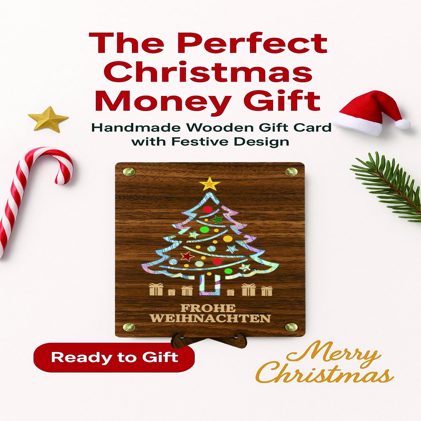 Jukibole Biglietto di Natale in legno, confezione regalo in denaro, con supporto, con ringraziamento, XL (20 x 15 cm), confezione regalo in legno, Natale, biglietto di Natale per famiglia e amici
