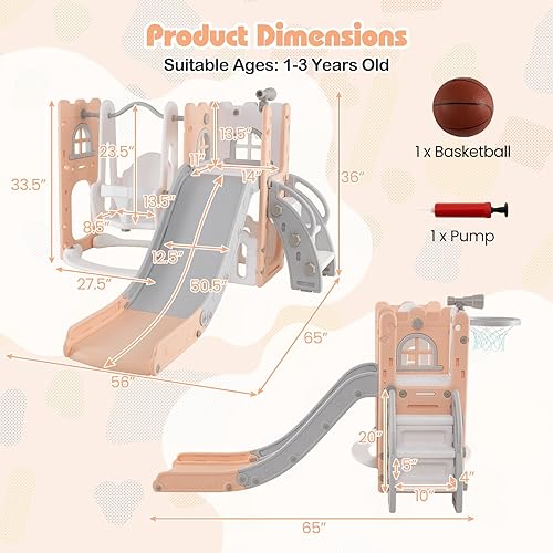 Miniatura 7 de Costzon Juego de columpio y tobogán 7 en 1, juego independiente para niños pequeños con columpio, aro de baloncesto, tobogán para niños pequeños de